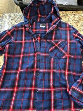 Original Use Blue & Red Plaid Hooded Flannel Shirt